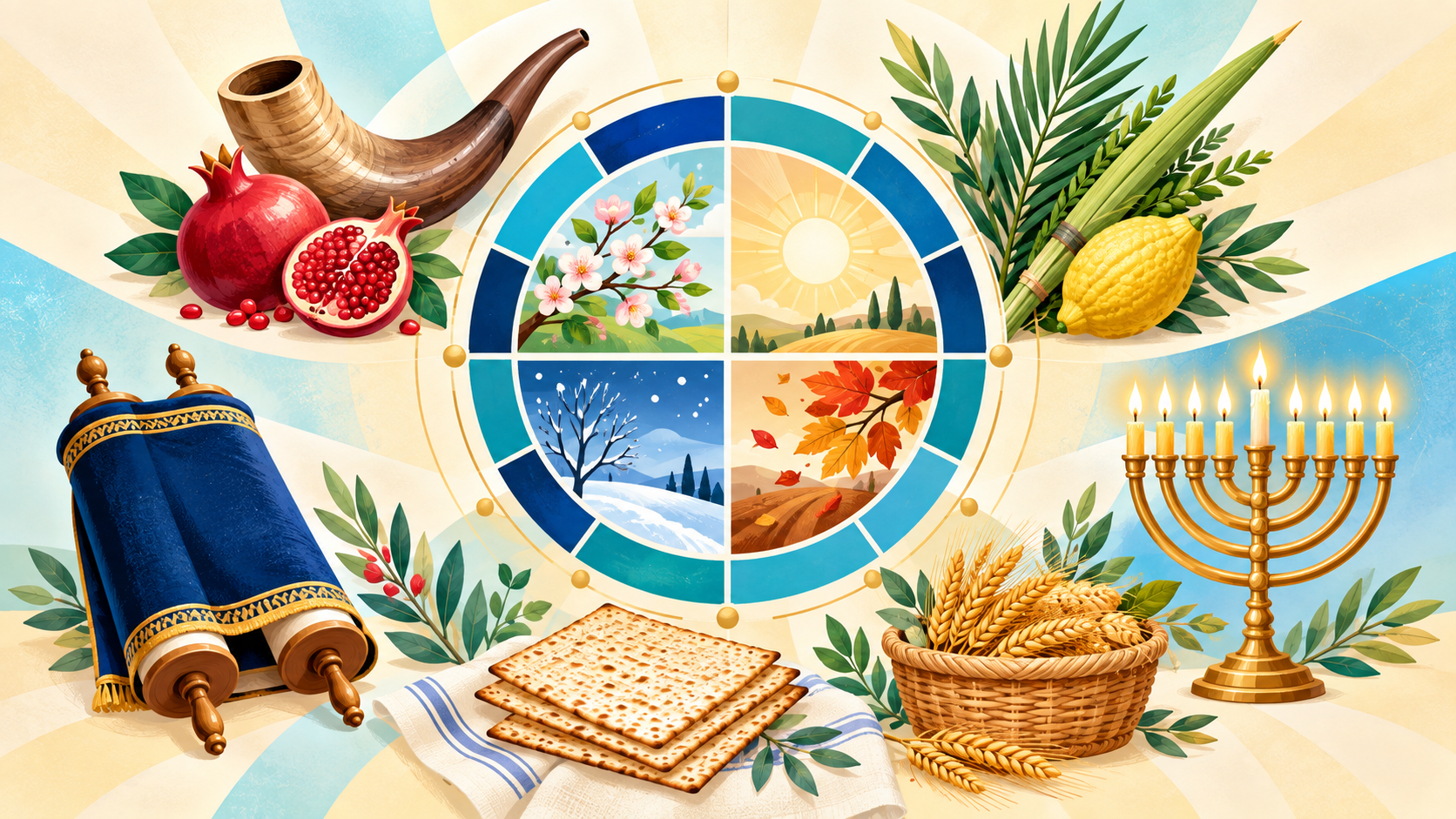 איור מקורי של מעגל השנה היהודית עם שופר, רימון, ארבעת המינים, ספר תורה, חנוכייה, מצות ושיבולי חיטה